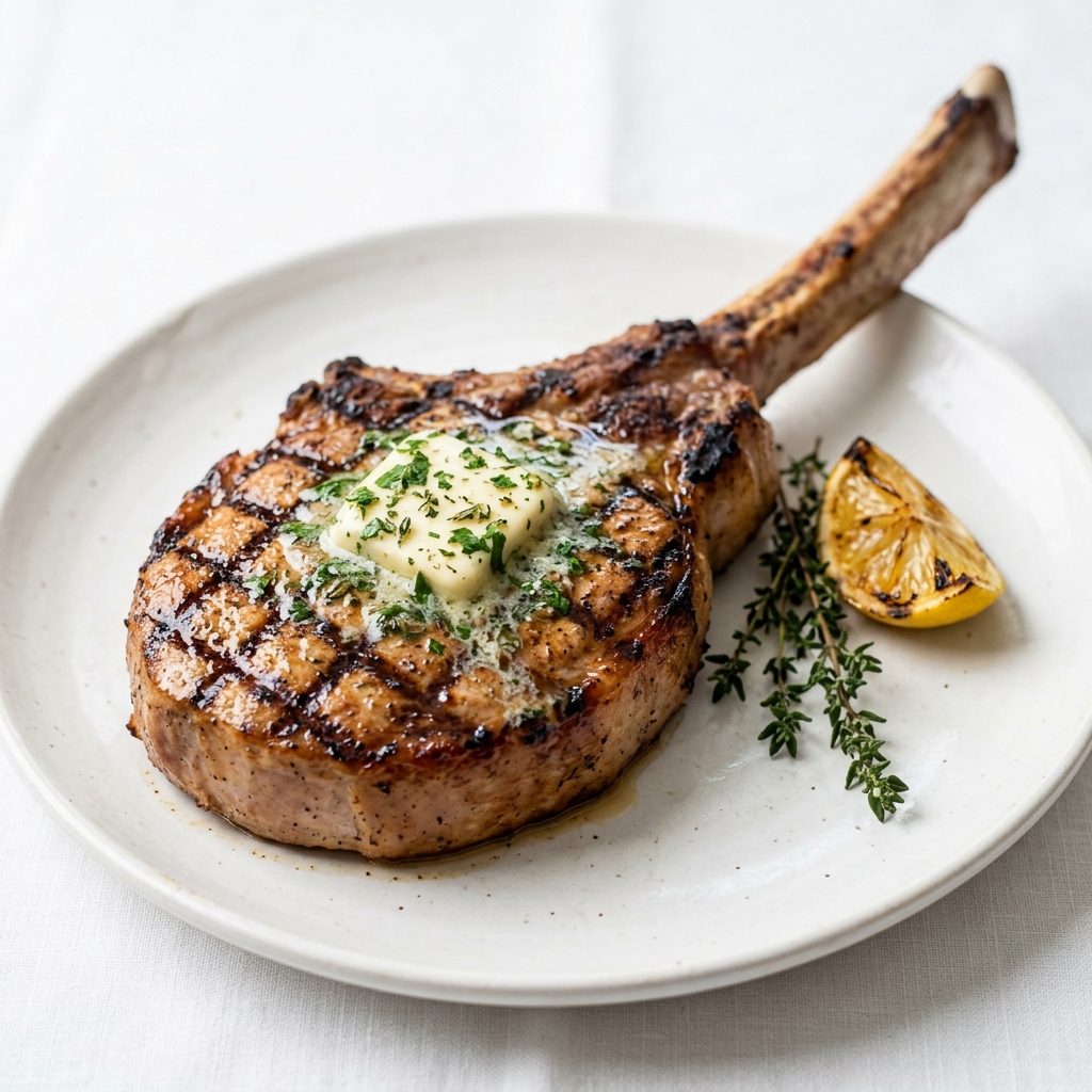 Tomahawk de Cerdo al Carbón con Mantequilla de Ajo